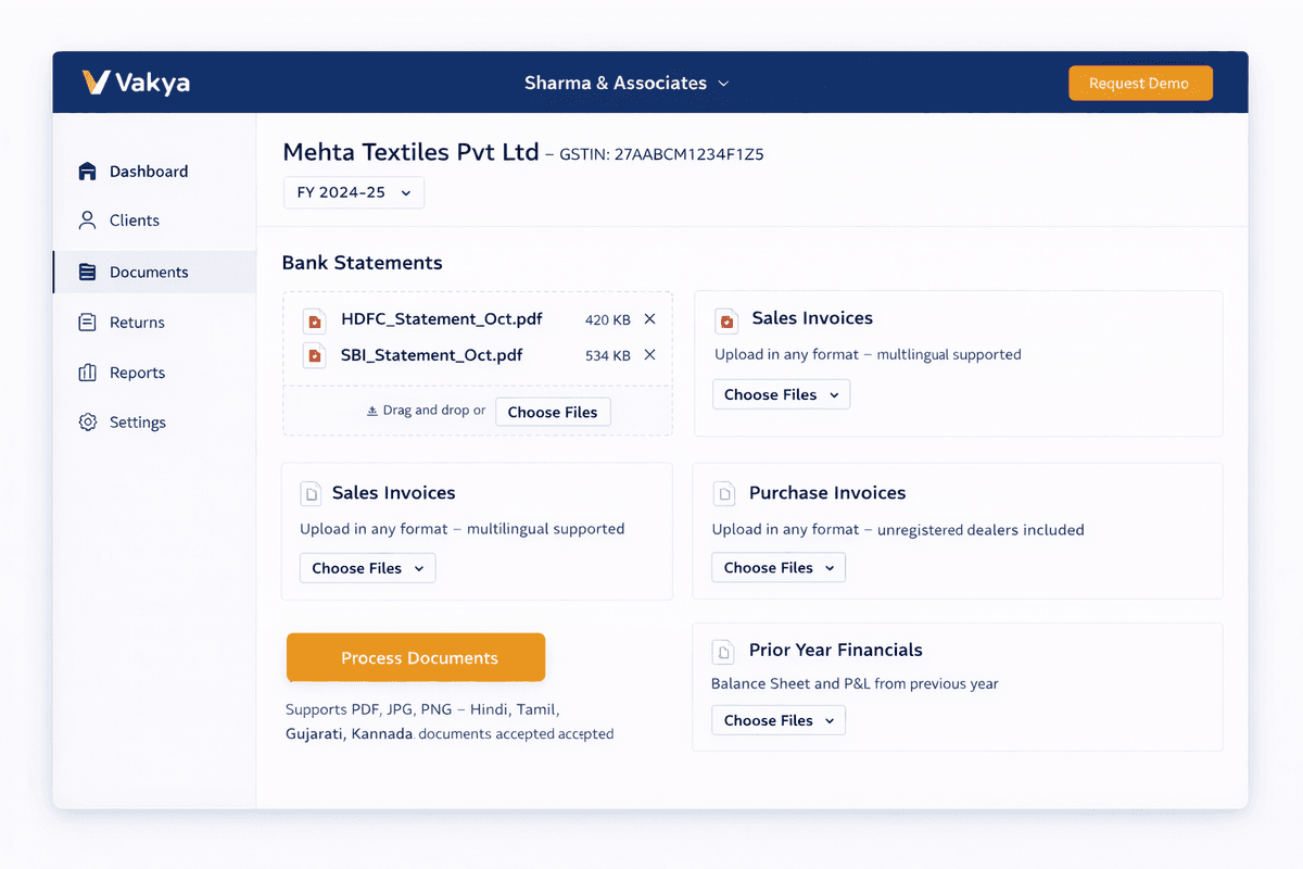 Document upload interface with bank statements, sales and purchase invoices